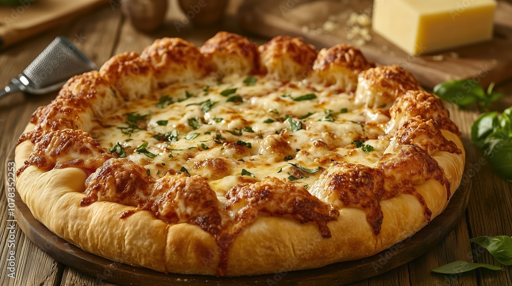 This close-up features a cheese-stuffed crust pizza, overflowing with melted cheese and garnished with fresh herbs. The rustic wooden table adds a cozy touch to the appetizing display This close-up features a cheese-stuffed crust pizza, overflowing with melted cheese and garnished with fresh herbs. The rustic wooden table adds a cozy touch to the appetizing display