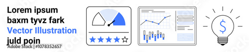 Analytics dashboard with graphs, speedometer gauge, star rating system, light bulb with dollar symbol, placeholder text. Ideal for business dashboards, performance metrics, data visualization