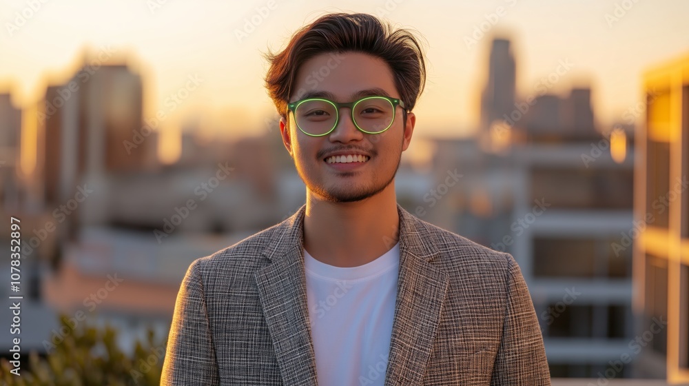Obraz premium Confident young politician at sunset with urban skyline background for professional use