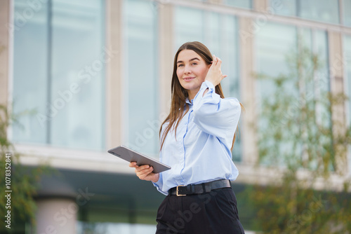 A Professional Woman in a Blue Shirt Walking Outside a Modern Building While Holding a Tablet