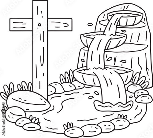 Baptism Fountain and Cross Isolated Coloring Page