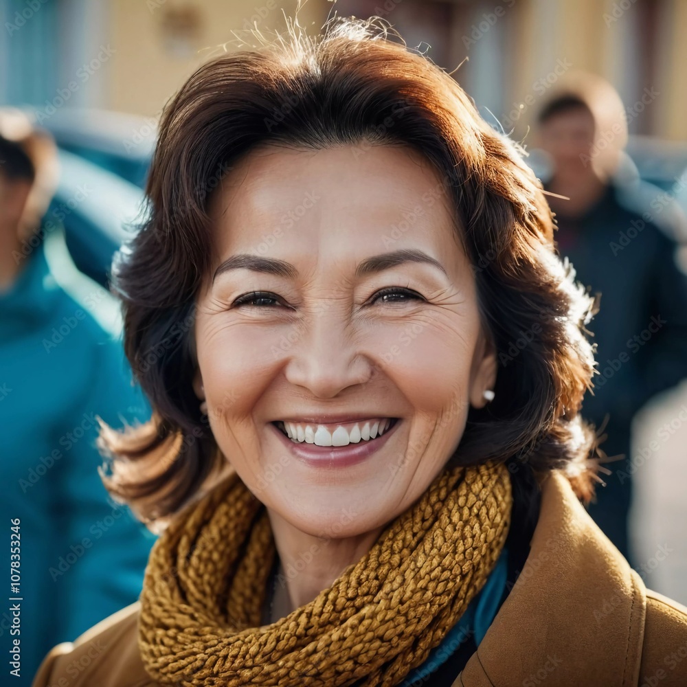 A cheerful woman 50 years old is enjoying, showcasing her radiant smile as she embraces the moment. A resident of Kazakhstan. Expression of joy and cordiality. Successful mature business woman. AI A cheerful woman 50 years old is enjoying, showcasing her radiant smile as she embraces the moment. A resident of Kazakhstan. Expression of joy and cordiality. Successful mature business woman. AI