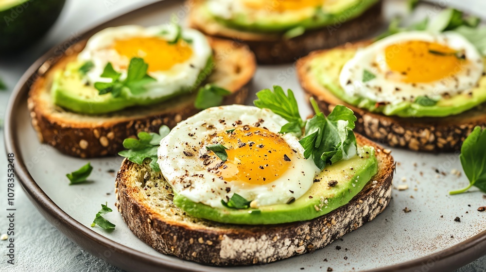A plate of avocado toast topped with a fried egg and garnished with herbs. A plate of avocado toast topped with a fried egg and garnished with herbs.