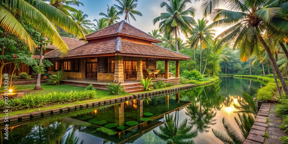 Fototapeta premium Tranquil Ayurvedic Spa Retreat in Kerala Featuring Natural Hair Oil Production Surrounded by Lush Greenery and Traditional Architecture in a Serene Environment