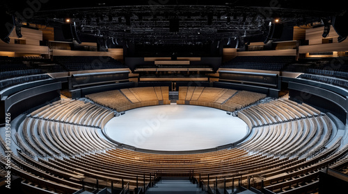 Modern circular auditorium with tiered seating and large stage area, featuring wood and metal elements, and equipped with overhead lighting and acoustic panels for performances.