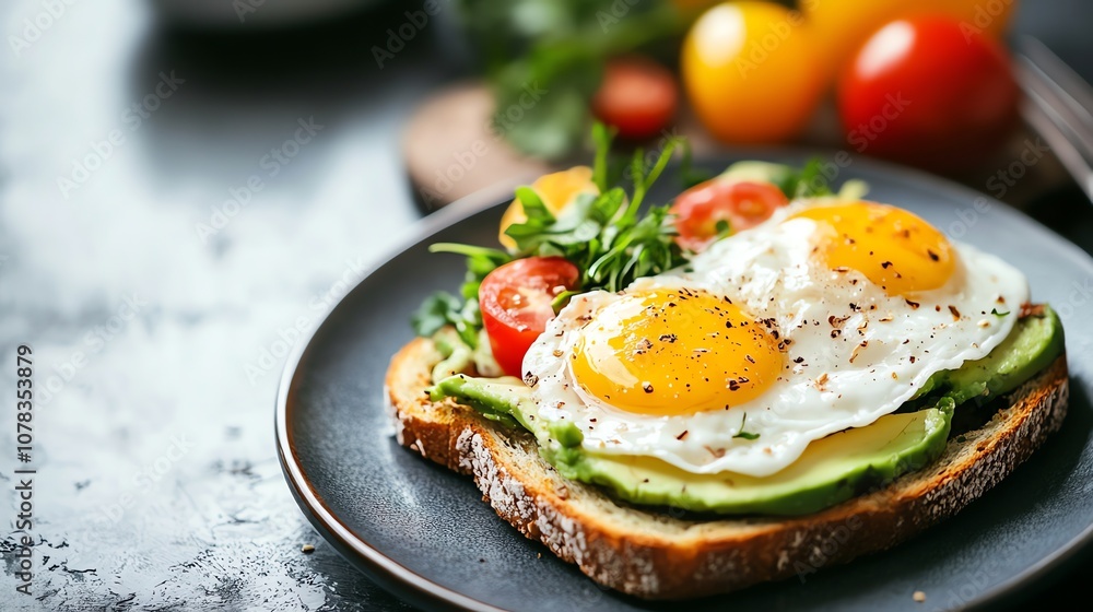 A plate of avocado toast topped with two fried eggs and cherry tomatoes. A plate of avocado toast topped with two fried eggs and cherry tomatoes.