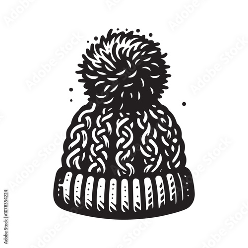 Cozy Winter Beanie: A Warm and Stylish Essential. A black and white, hand-drawn illustration of a classic winter beanie with a fluffy pom-pom on top.