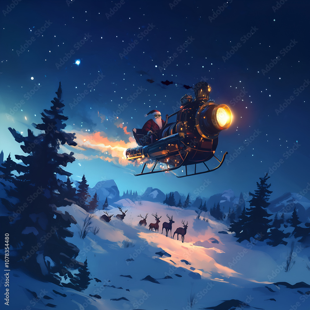 Naklejka premium Santa claus on a steampunk sleigh