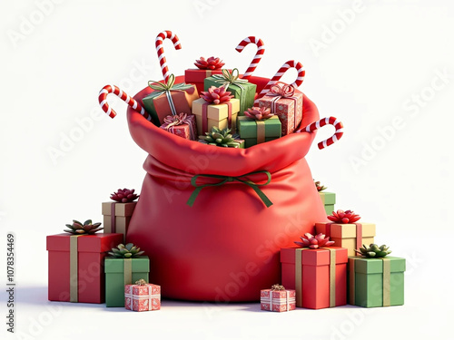 3D render of a classic red Christmas sack overflowing with wrapped presents and candy canes on a plain white background. Realistic holiday gift bag with sharp detail and no blur.

