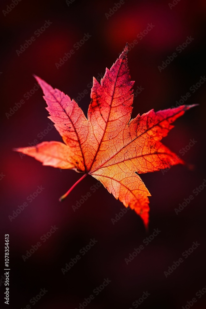Single red maple leaf against dark background. Single red maple leaf against dark background.