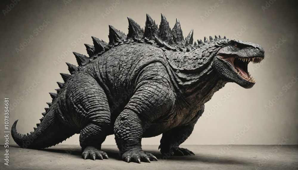 A large, scaly monster with a row of sharp spines down its back stands in front of a gray backdrop A large, scaly monster with a row of sharp spines down its back stands in front of a gray backdrop