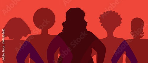 Feminist BIPOS women together as feminism as concept of support, unity for black history month, silhouette flat vector stock illustration with unidentifiable people on red background