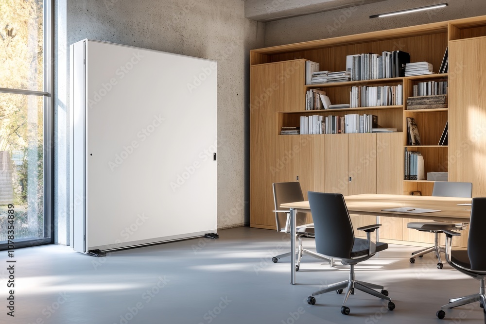 Large White Blank Poster Mockup in Modern Boardroom Office with Wooden Furniture Large White Blank Poster Mockup in Modern Boardroom Office with Wooden Furniture