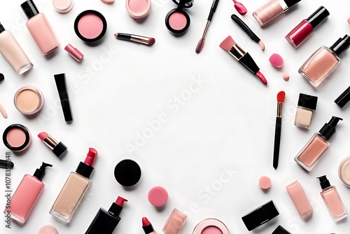 Set of decorative cosmetics on white background, flat lay