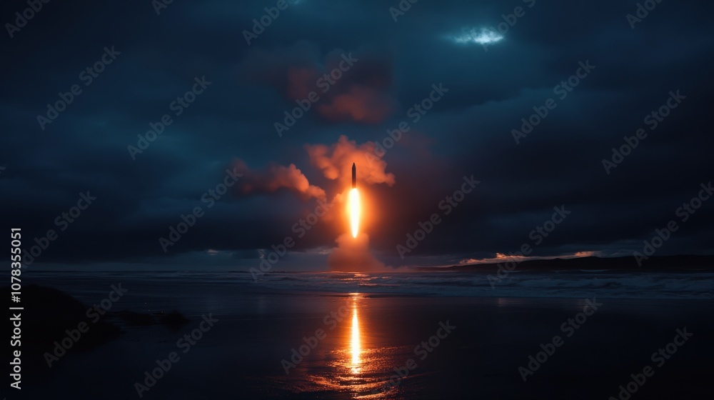 A nuclear missile launch occurs at night, illuminating the dark sky with bright flames and smoke while reflecting on the water below, set against a dramatic backdrop of clouds A nuclear missile launch occurs at night, illuminating the dark sky with bright flames and smoke while reflecting on the water below, set against a dramatic backdrop of clouds