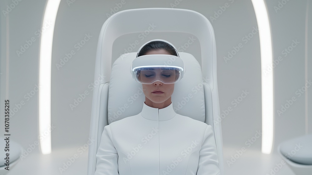 Futuristic individual using advanced VR technology in sleek, minimalistic environment. Futuristic individual using advanced VR technology in sleek, minimalistic environment.