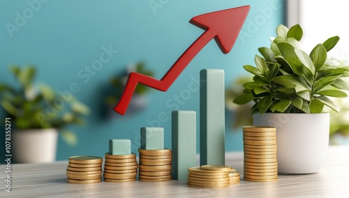 Green Growth Graph with Upward Red Arrow on White Background photo