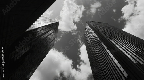 Wallpaper Mural Bottom view of tall office buildings against a partly cloudy sky, showcasing sleek lines and urban architecture Torontodigital.ca