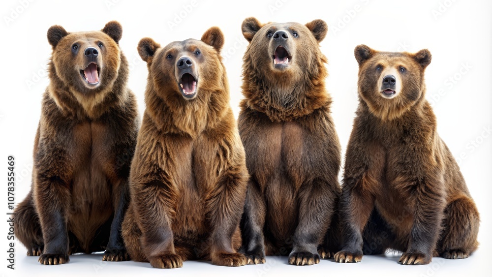 Obraz premium Four Brown Bears Sitting in a Row, Mouth Open, White Background, Portrait Photography, Animal Photography, Wild Animals, Bear
