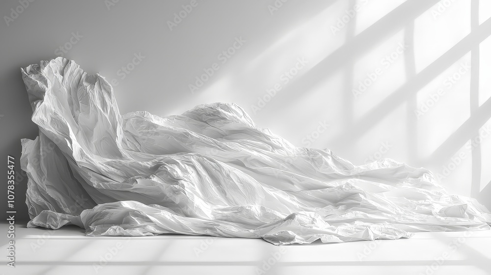 A draped, textured white fabric creating soft shadows in a minimalist space. A draped, textured white fabric creating soft shadows in a minimalist space.