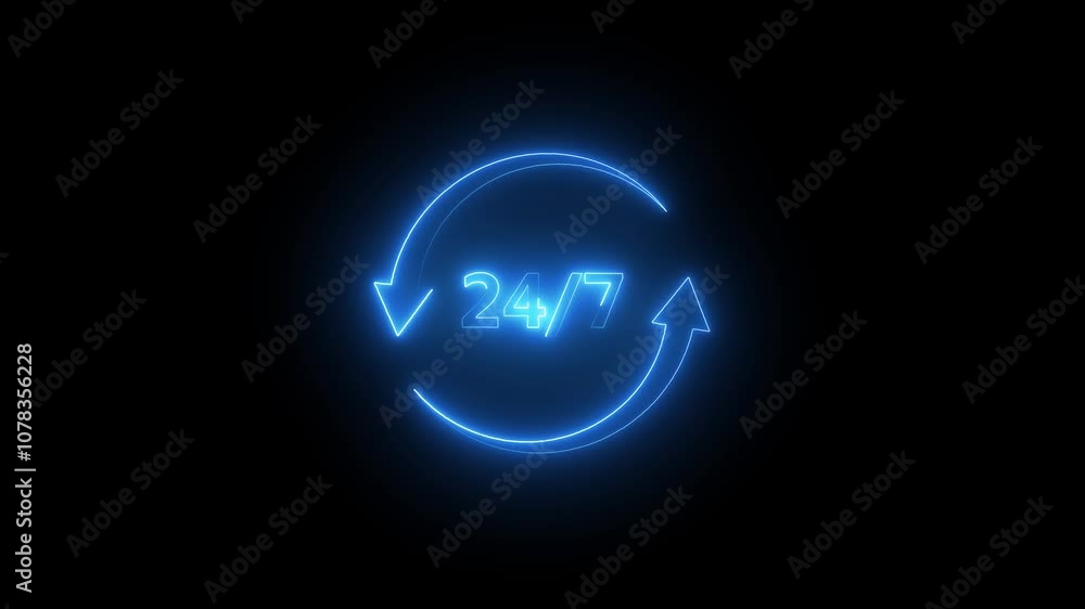 Neon glowing24 hours service online network icon animation. Neon glowing24 hours service online network icon animation.