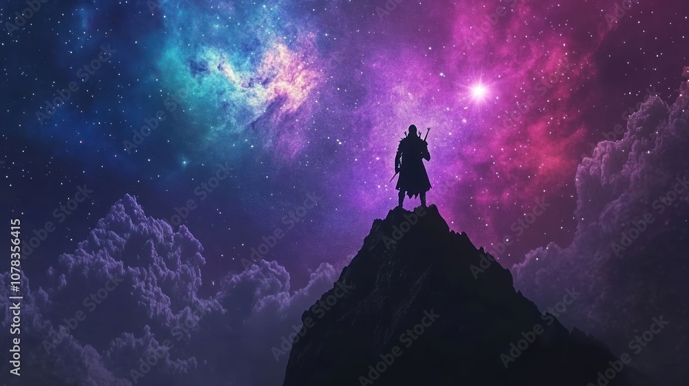 A lone figure stands on a mountaintop, silhouetted against a backdrop of a vibrant, starry night sky. A lone figure stands on a mountaintop, silhouetted against a backdrop of a vibrant, starry night sky.