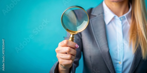 Woman Holding Magnifying Glass on Blue Background, Magnifying Glass, Close-up, Blue Background