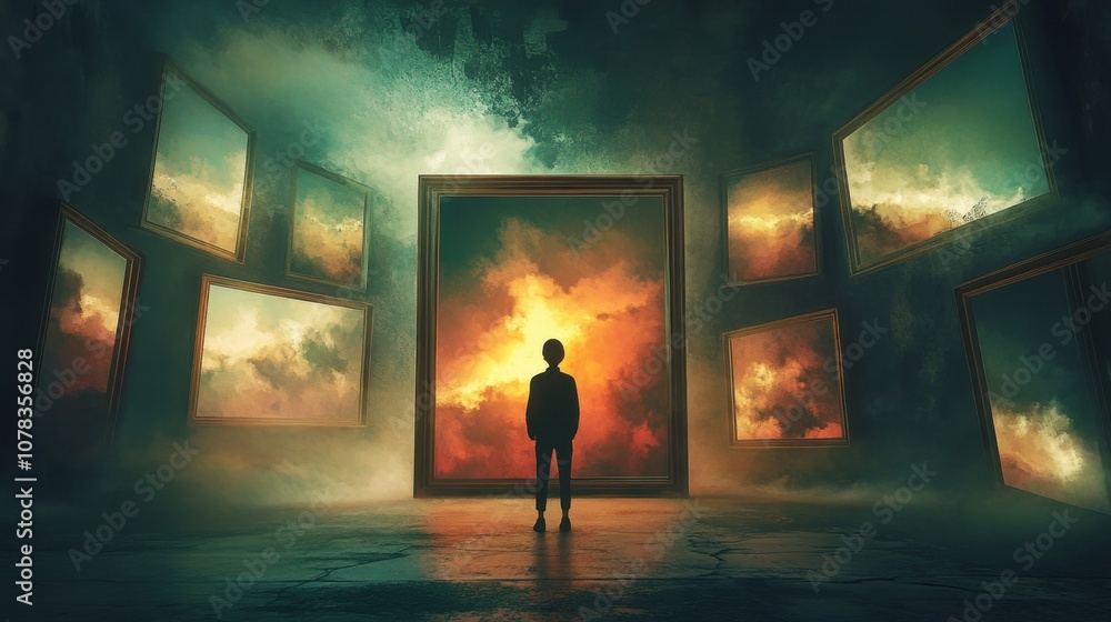 Imagination Frame Depth Young Artist Among Floating Frames of Art Imagination Frame Depth Young Artist Among Floating Frames of Art