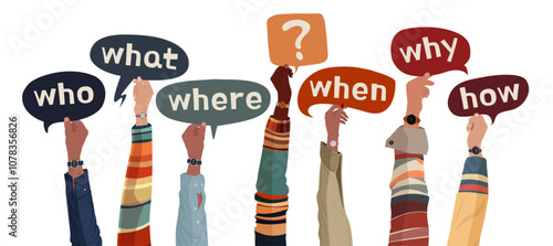 Hand raised of people holding speech bubble with text -Who What Where When Why How- and question mark symbol. Investigate and solve questions. Problem solving - brainstorming concept