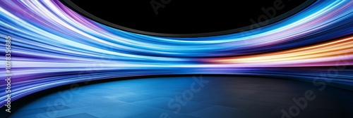 Horizontal LED Wall with Curved Design Glowing in Blue and Purple Lights on Black Background