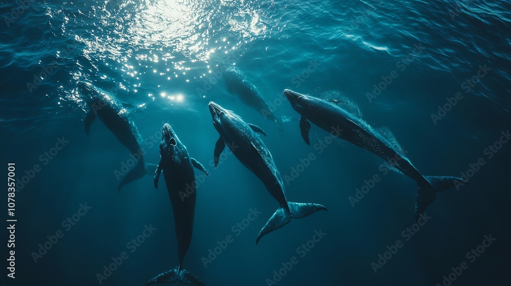 Obraz premium A pod of humpback whales swim in the deep blue ocean.