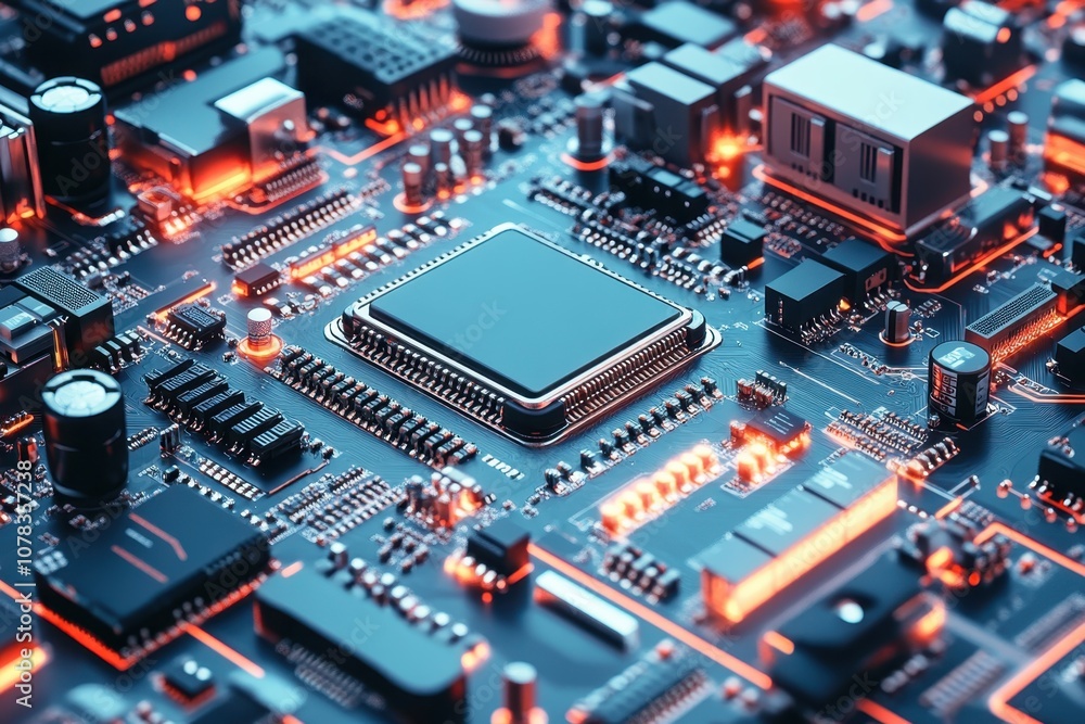 Close-up view of a computer circuit board with glowing components and intricate pathways Close-up view of a computer circuit board with glowing components and intricate pathways