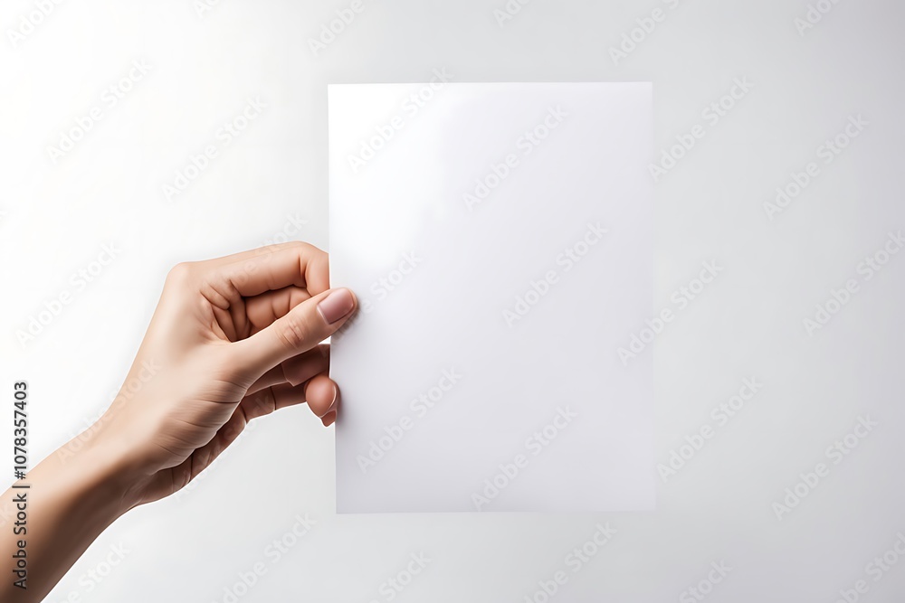 Obraz premium Hands hold an empty A4 sheet of paper. A clean flyer in your hands. For your text. Isolated on a gray background.