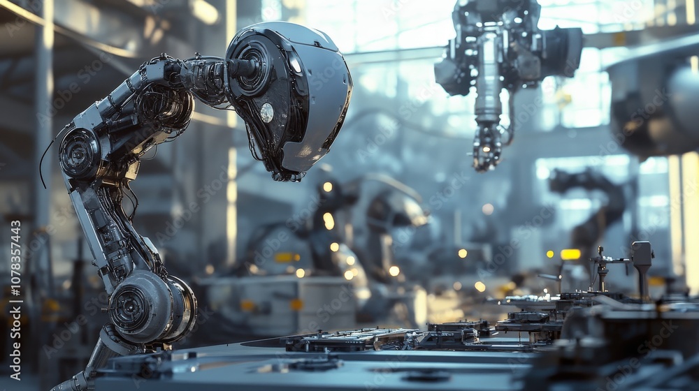 A robotic manipulator is actively collecting waste material within a high-tech recycling facility. The environment is filled with sophisticated machinery working efficiently A robotic manipulator is actively collecting waste material within a high-tech recycling facility. The environment is filled with sophisticated machinery working efficiently