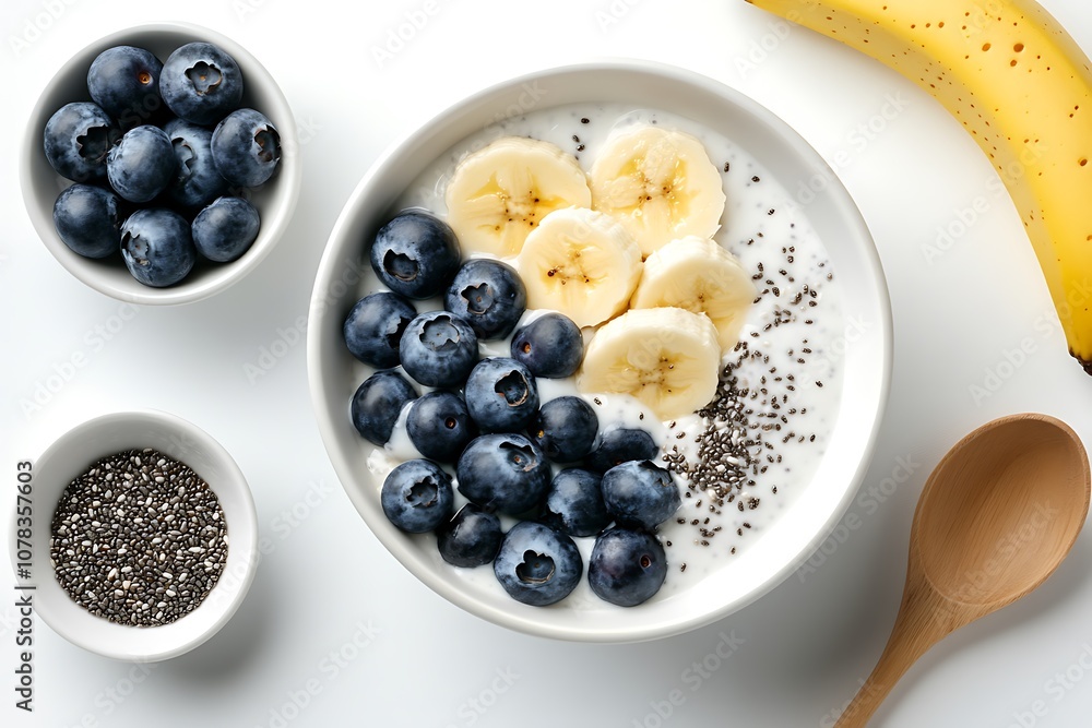 Bowl of yogurt with blueberries, banana, and chia seeds. Bowl of yogurt with blueberries, banana, and chia seeds.