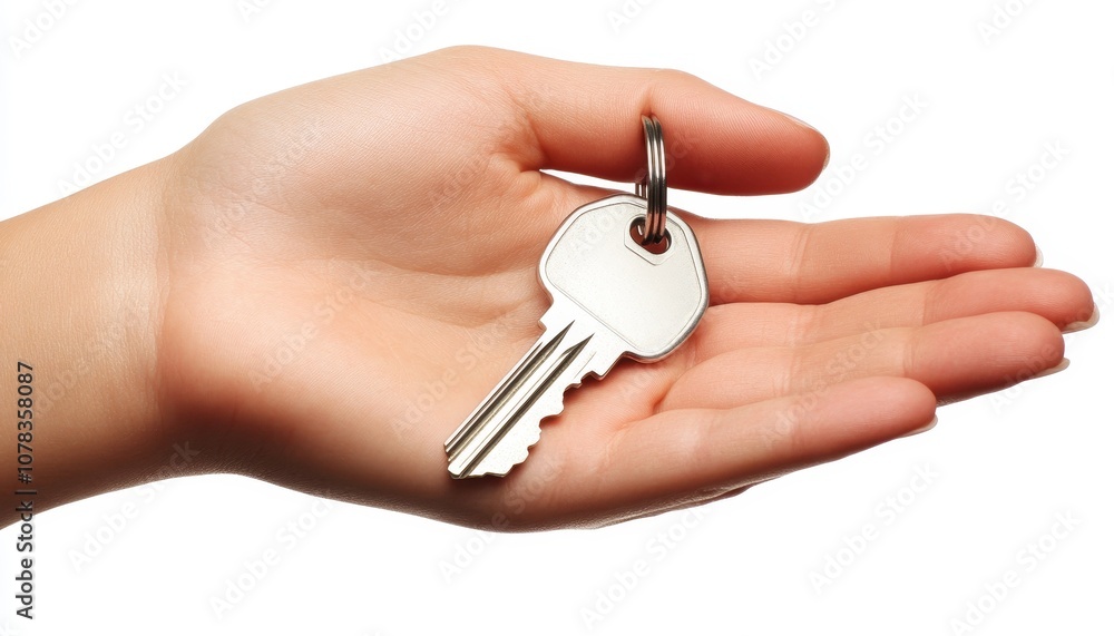 Womans Hand Holds a Silver Metal Key with keychain, Isolated On White Background, Womans Hand Holds a Silver Metal Key with keychain, Isolated On White Background,