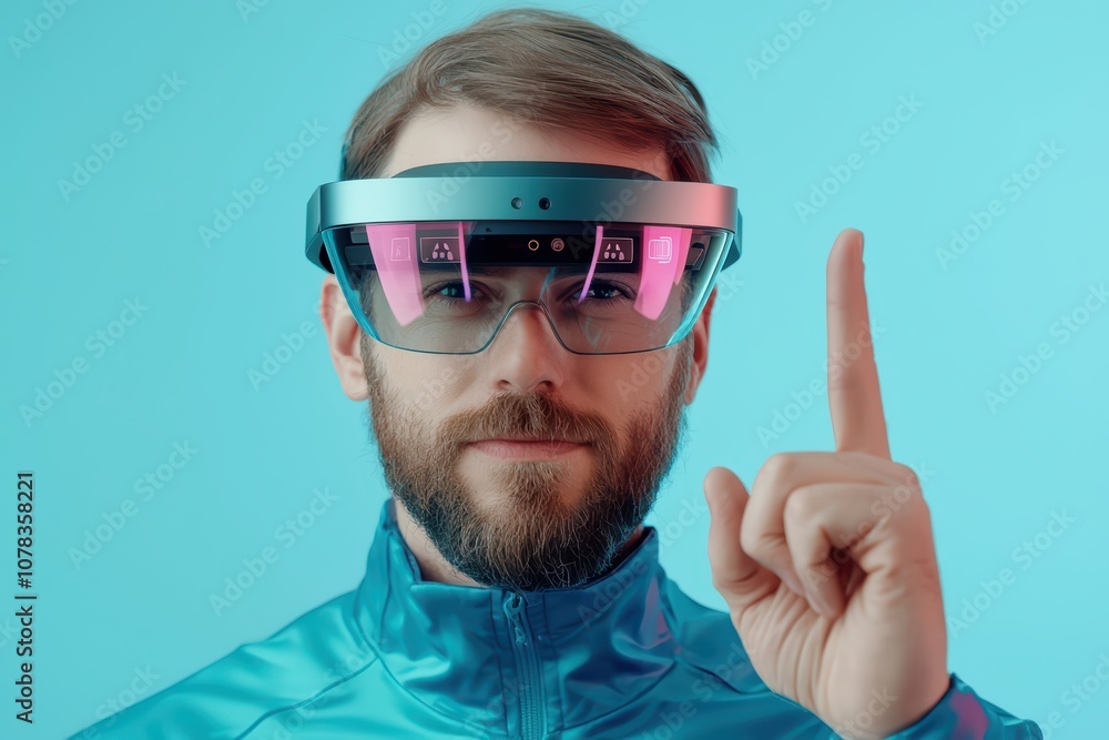 Man wearing smart glasses, showcasing digital innovation and modern technology on a blue background. Man wearing smart glasses, showcasing digital innovation and modern technology on a blue background.