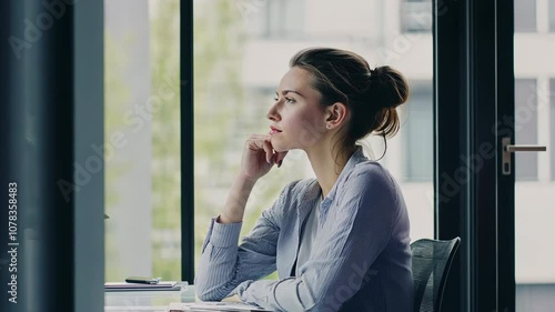 Thoughtful businesswoman looking out office window, reflecting on ideas and planning, concept of contemplation, focus, and professional aspirations photo