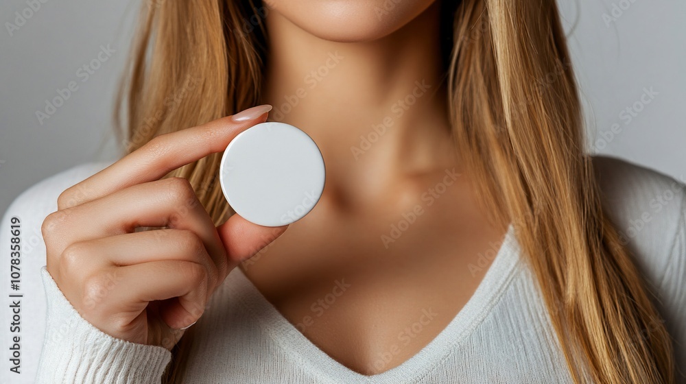 Woman holding a blank white circle.