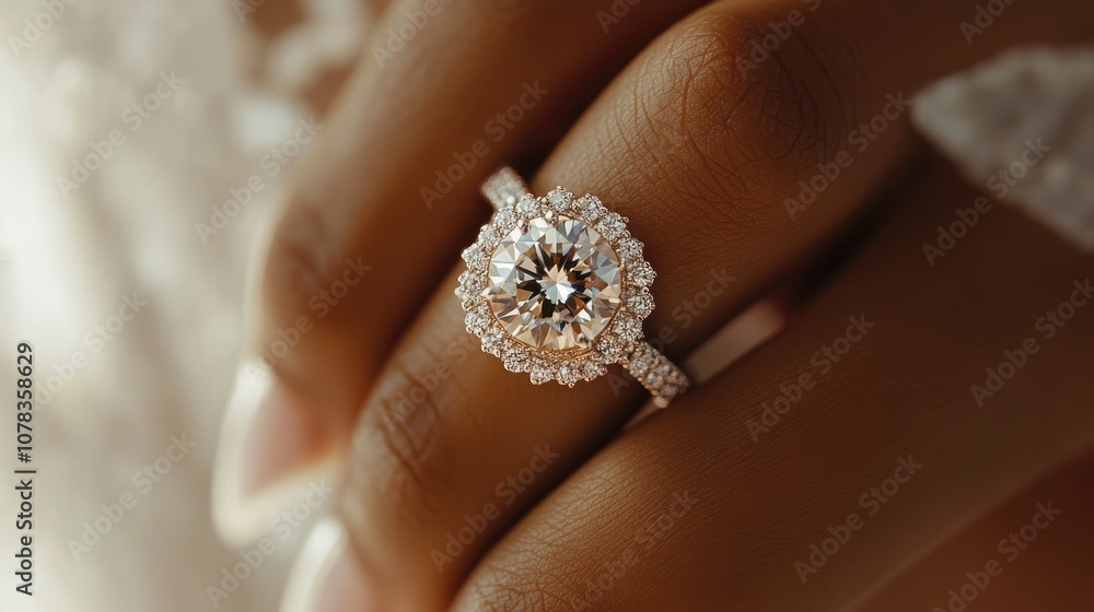 Close-up of a bride's hand showcasing her diamond ring, with intricate details of the gem in focus. Close-up of a bride's hand showcasing her diamond ring, with intricate details of the gem in focus.