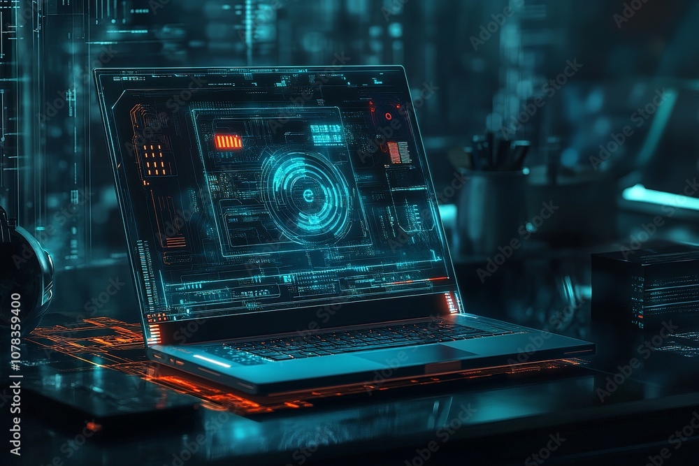 Advanced laptop with 3D digital circuit overlay, tech interface glowing in neon blue, data connections floating, cyber background Advanced laptop with 3D digital circuit overlay, tech interface glowing in neon blue, data connections floating, cyber background