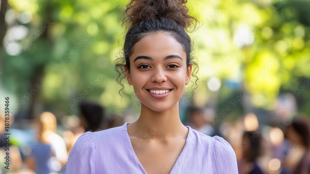Young female politician in urban setting reflecting mixed heritage for diverse political campaigns Young female politician in urban setting reflecting mixed heritage for diverse political campaigns