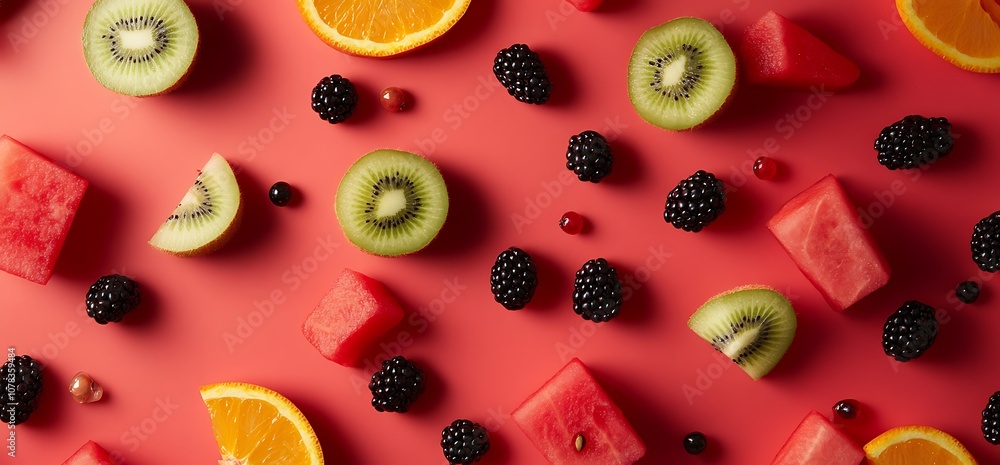 Flat lay of watermelon, kiwi, orange, and blackberries on a red background. Flat lay of watermelon, kiwi, orange, and blackberries on a red background.
