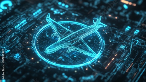 The Evolution of Flight: A Digital Airplane Hologram on a Tech-Driven Background.Concept of innovation, technological advancement, future of aviation, digital transformation, artificial intelligence,  photo