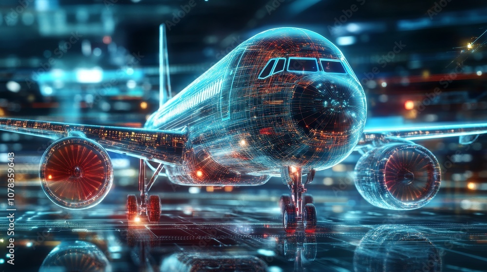Obraz premium The Evolution of Flight: A Digital Airplane Hologram on a Tech-Driven Background.Concept of innovation, technological advancement, future of aviation, digital transformation, artificial intelligence, 
