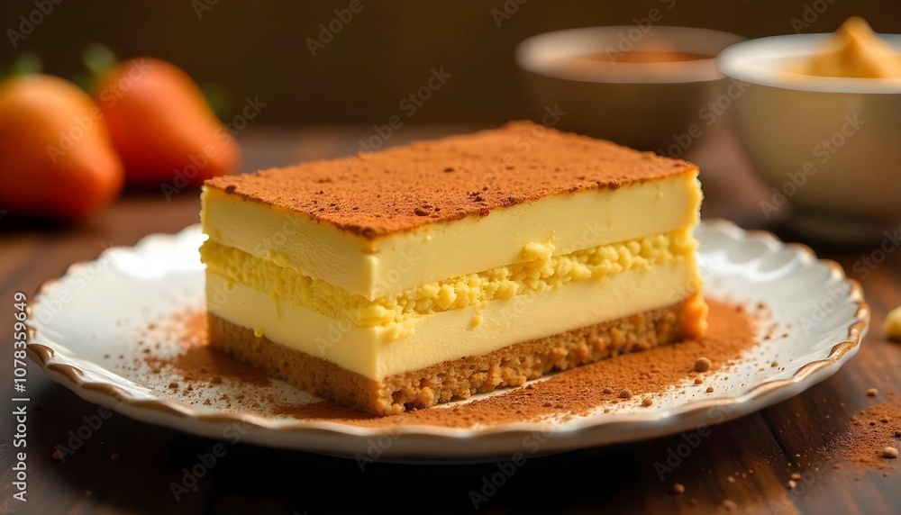 Creamy tiramisu with cocoa powder dusting. Creamy tiramisu with cocoa powder dusting.