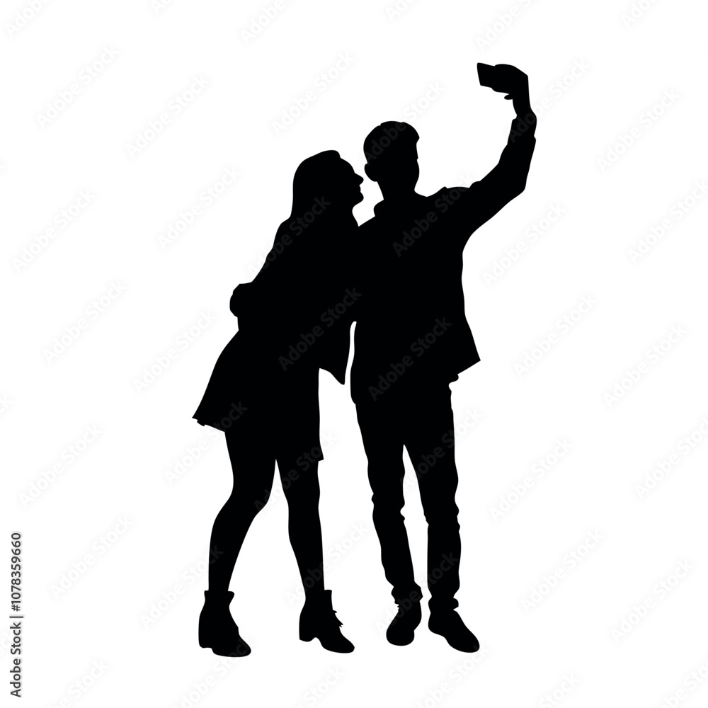 A couple standing side by side, with one person holding the phone for a selfie. The two are close together silhouette A couple standing side by side, with one person holding the phone for a selfie. The two are close together silhouette