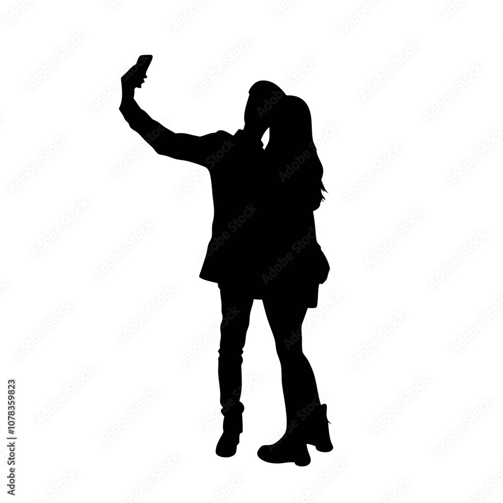 A couple standing side by side, with one person holding the phone for a selfie. The two are close together silhouette A couple standing side by side, with one person holding the phone for a selfie. The two are close together silhouette