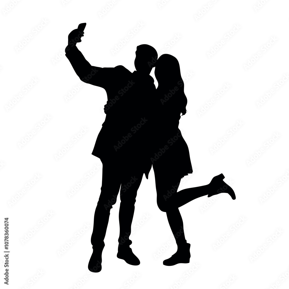 A couple standing side by side, with one person holding the phone for a selfie. The two are close together silhouette A couple standing side by side, with one person holding the phone for a selfie. The two are close together silhouette