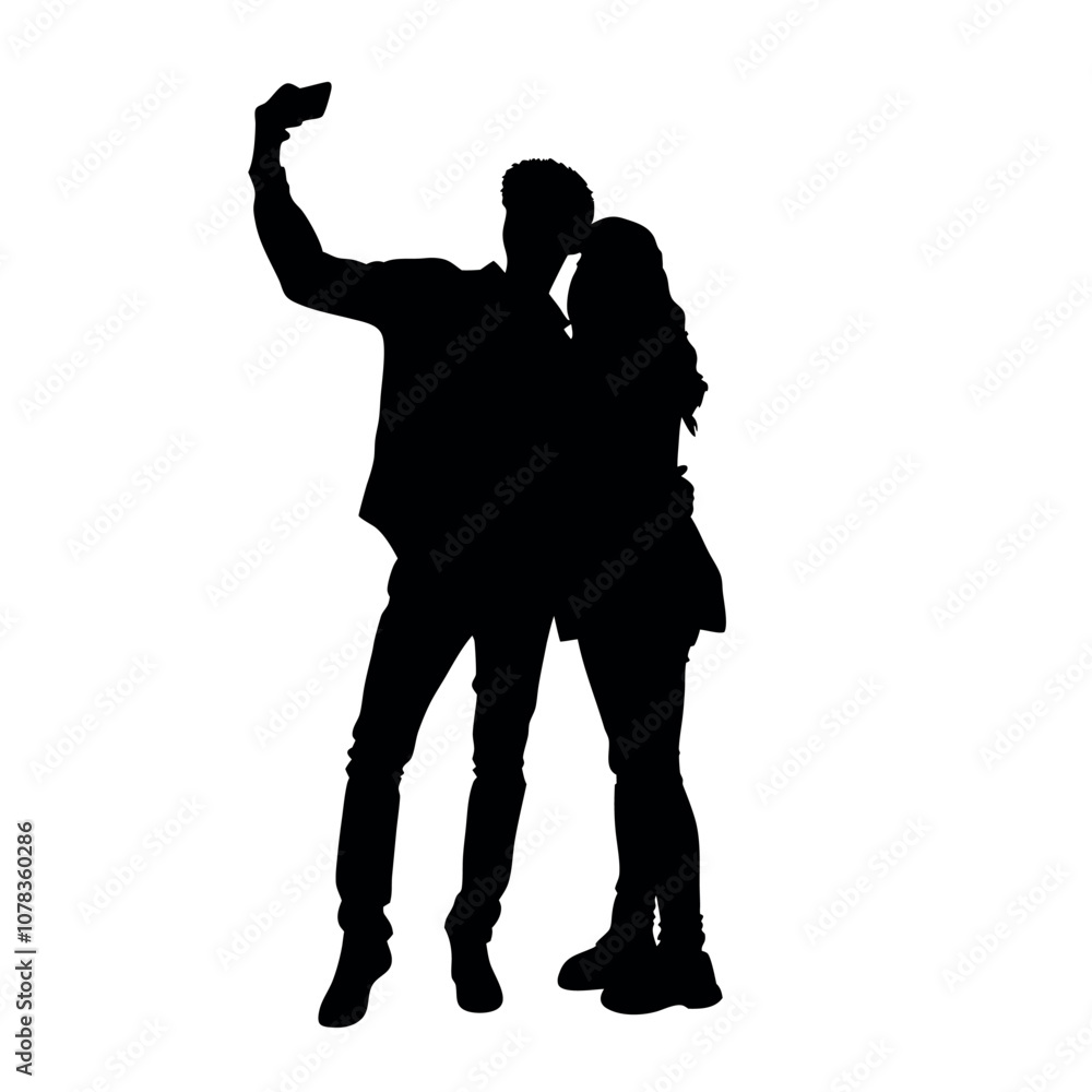 A couple standing side by side, with one person holding the phone for a selfie. The two are close together silhouette A couple standing side by side, with one person holding the phone for a selfie. The two are close together silhouette